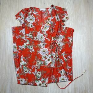 Superfoxx Orange Floral Wrap Summer Casual Midi Boho Cottagecore Dress Medium
